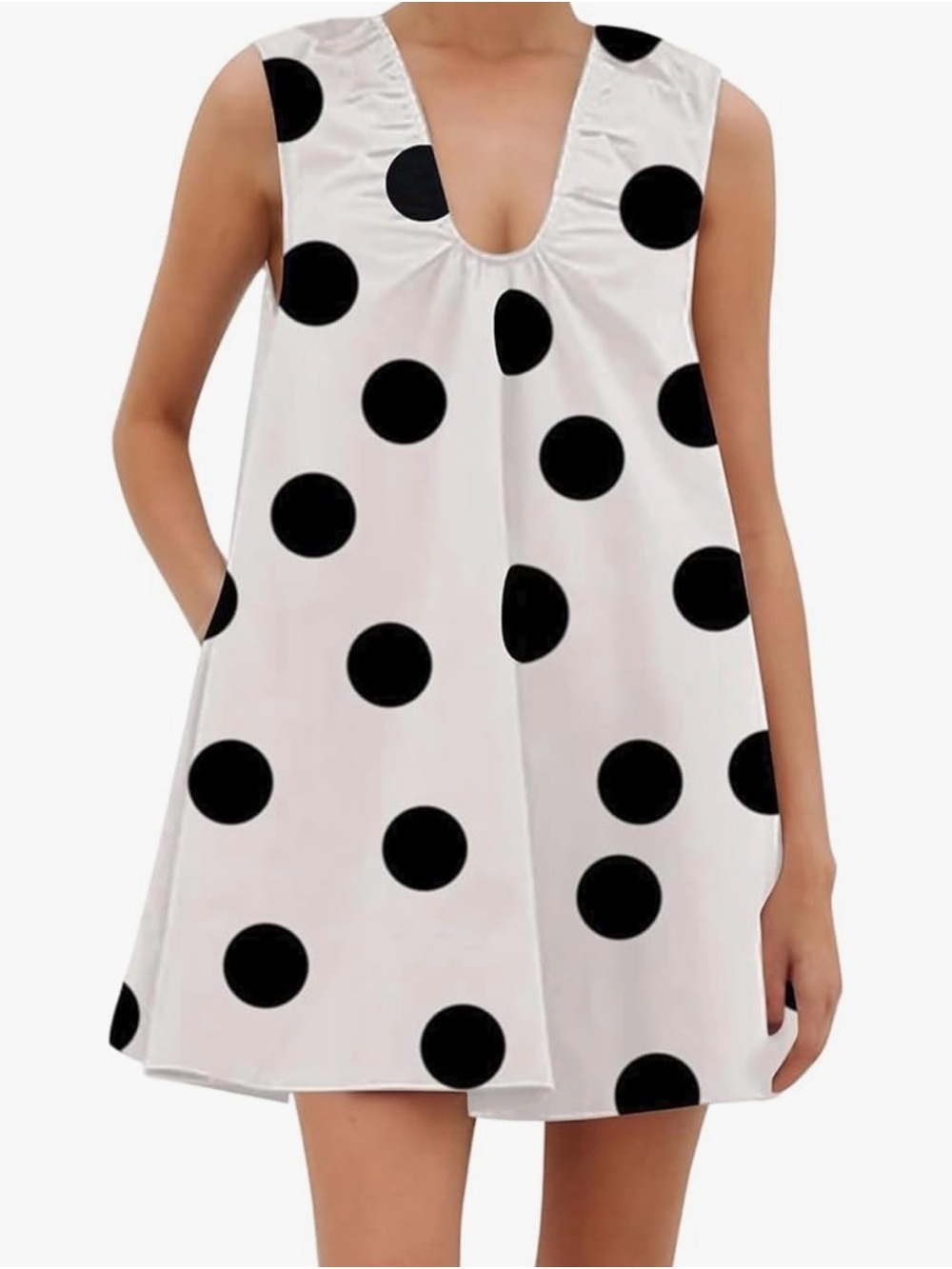 Amazon White Sleeveless Polka Dot Casual Dress with Black Dots